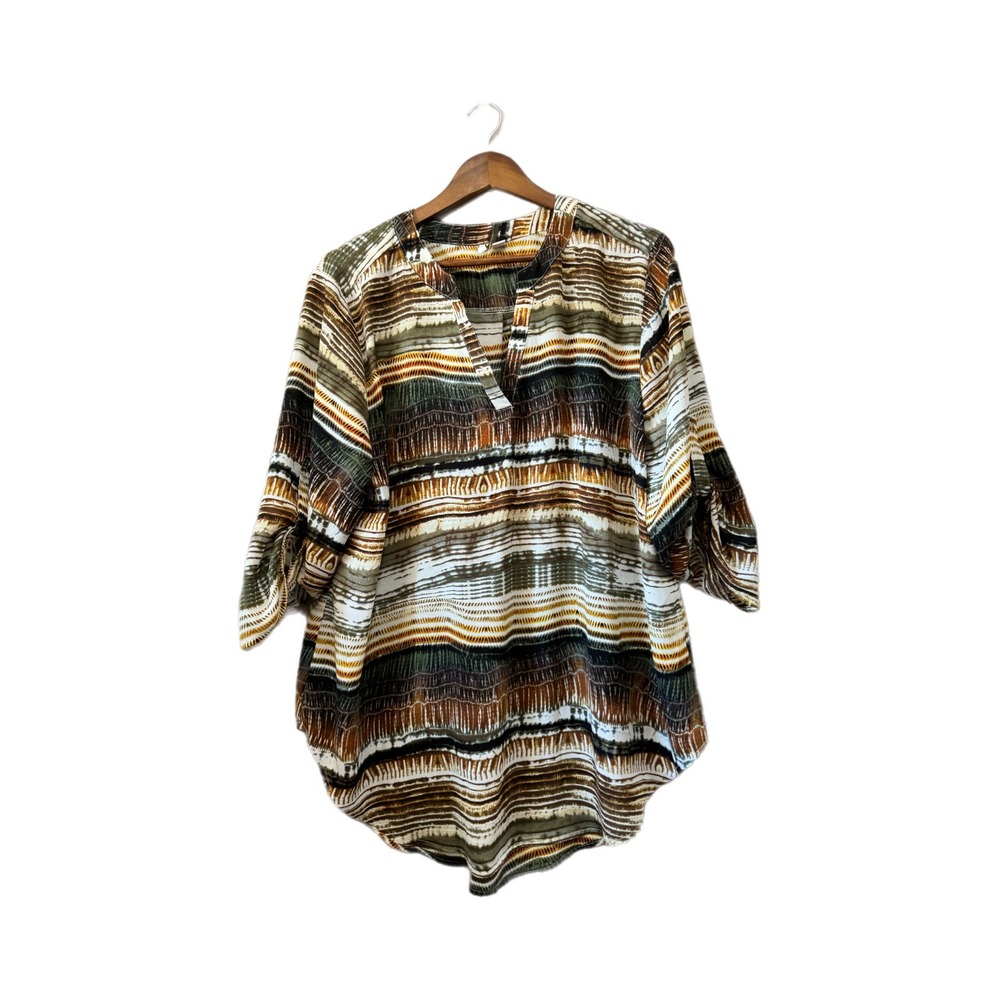 Est. 1946 Blouse Womens 18/20W Brown Olive Green V-Neck Roll Tab Sleeve Top